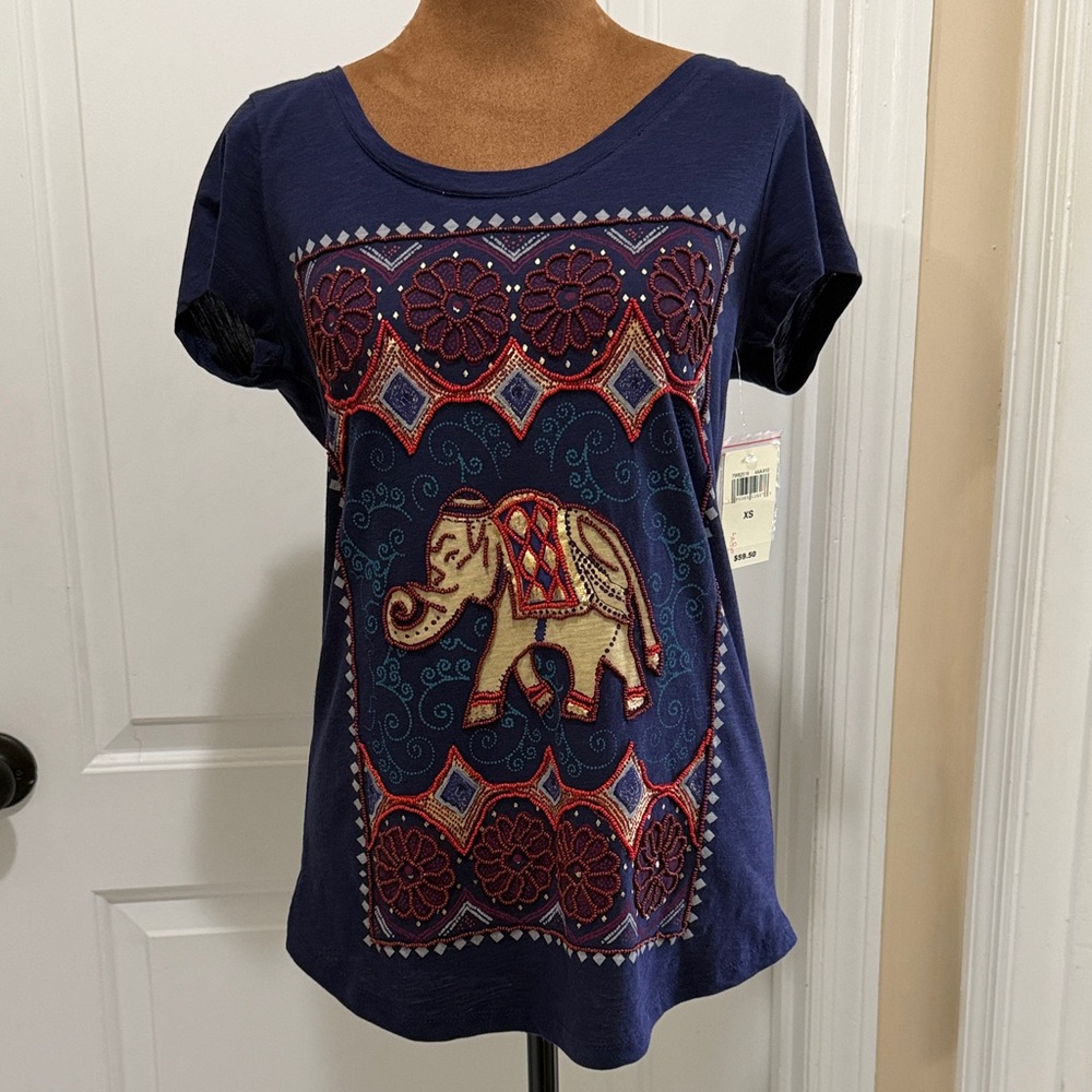 NWT Lucky Brand Navy Short Sleeve Beaded Elephant Tee